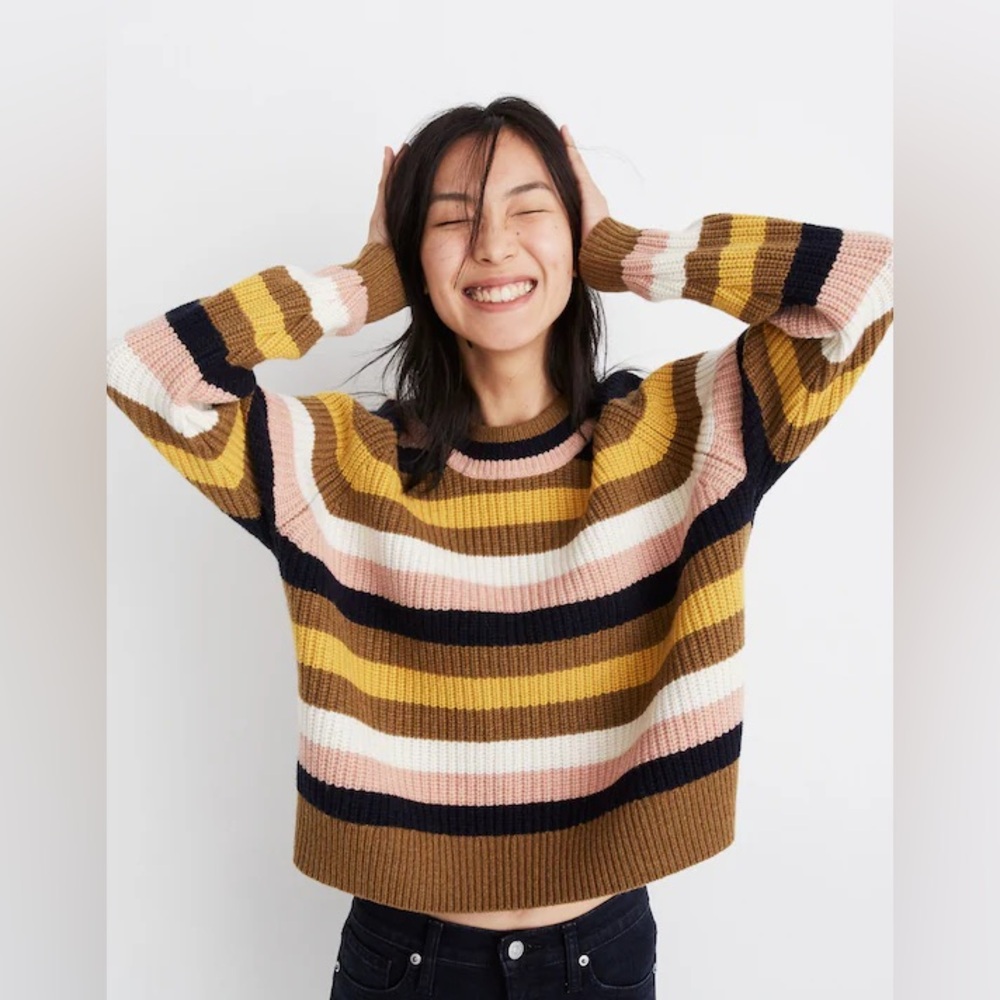 Madewell Striped Tilden Pullover Sweater Heather Oak Merino Wool XS